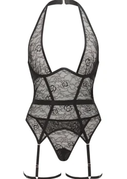 Addicted To You Lace Crotchless Cami Suspender - Black
