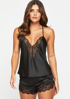 Adoration Satin Lace Cami Top & Shorts Set - Black