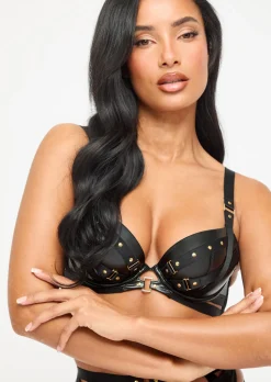 After Dark PU Padded Plunge Bra - Black