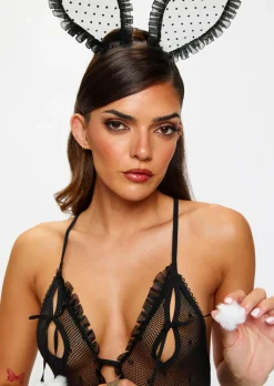 Bedroom Bunny 2 Piece Peek-A-Boo Crotchless Body with Ears - Black