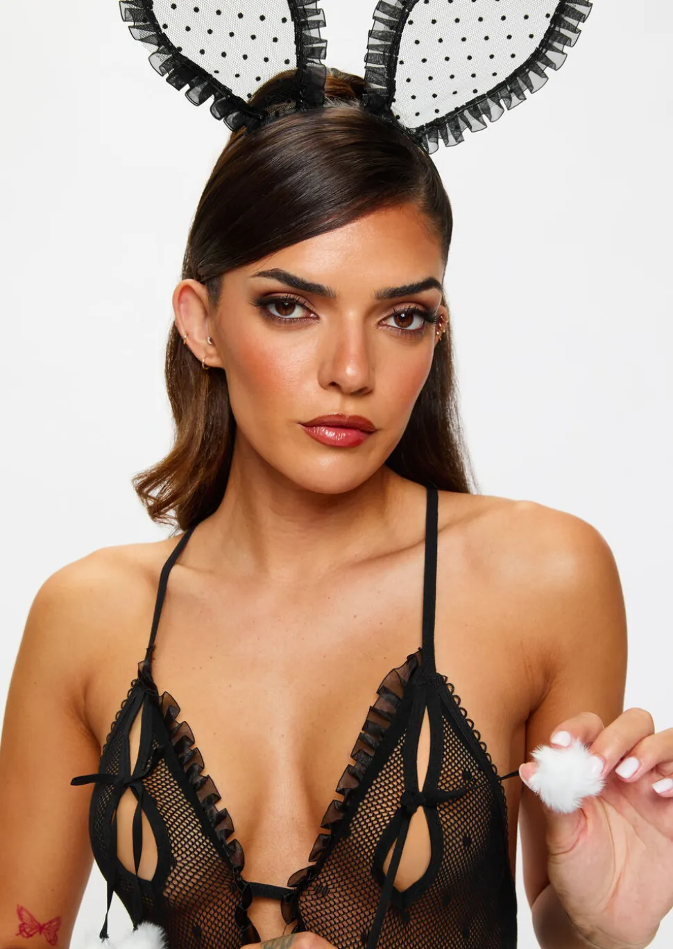 Bedroom Bunny 2 Piece Peek-A-Boo Crotchless Body with Ears - Black
