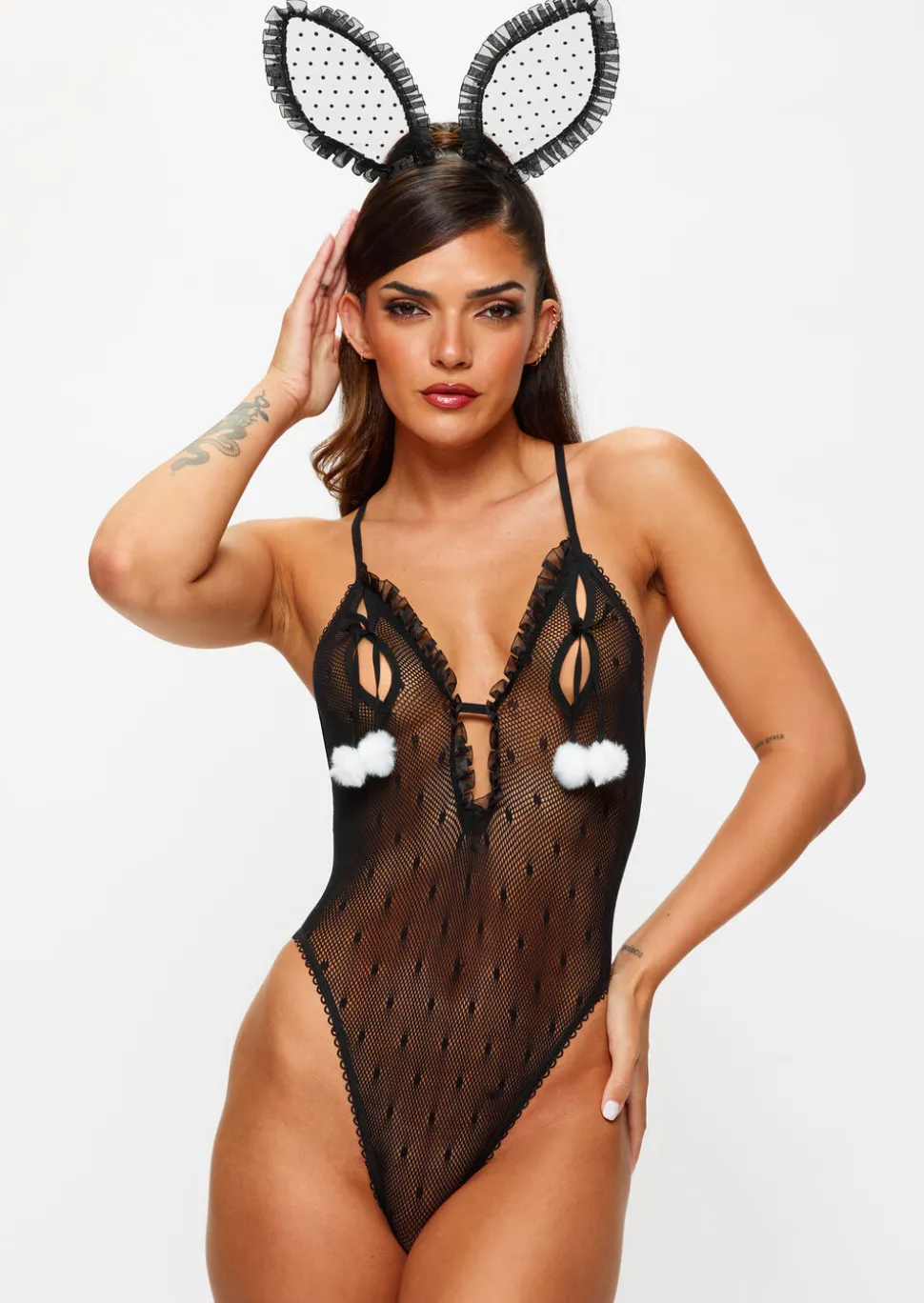 Bedroom Bunny 2 Piece Peek-A-Boo Crotchless Body with Ears - Black