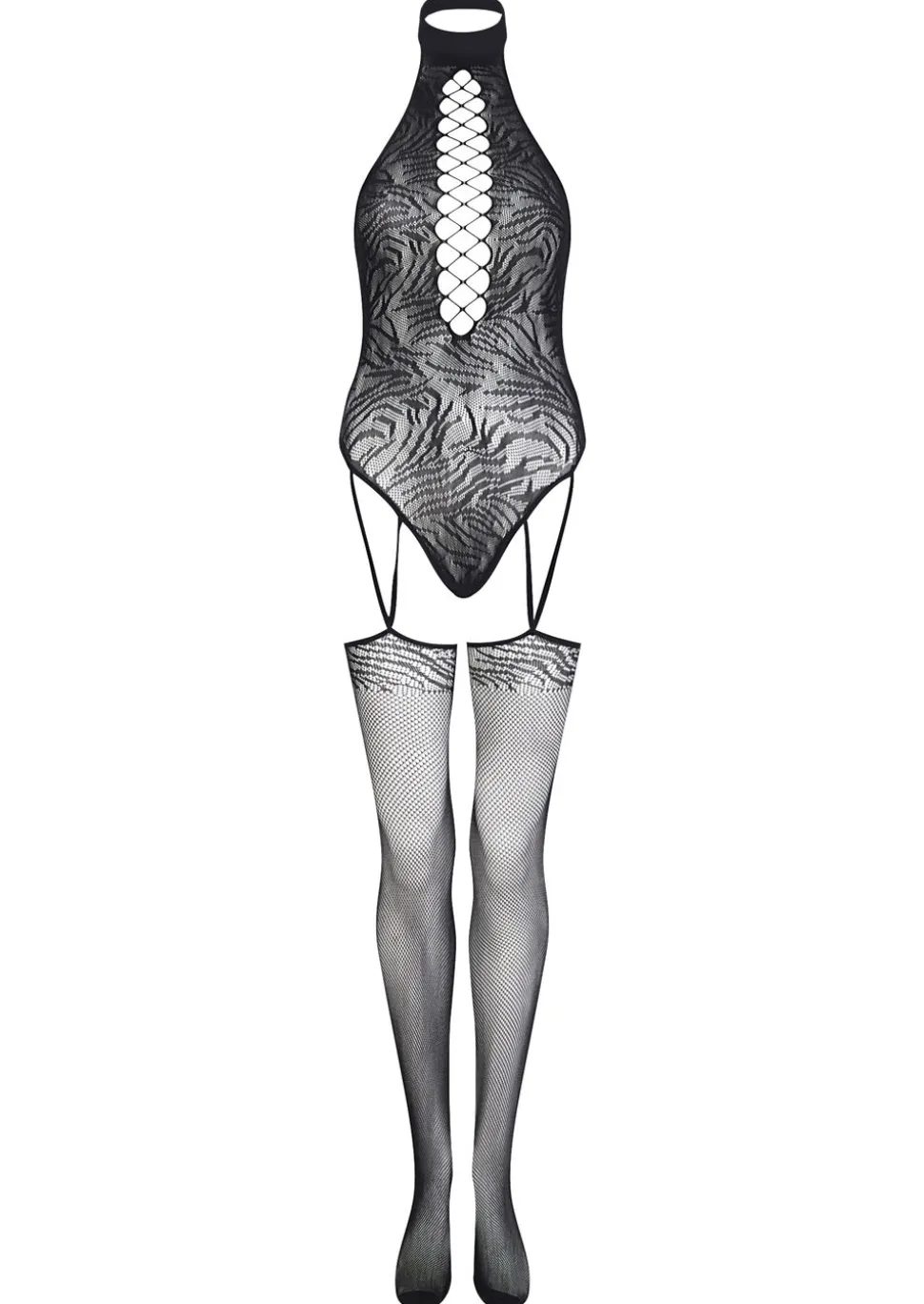 Be Wilder Zebra Print Crotchless Bodystocking - Black
