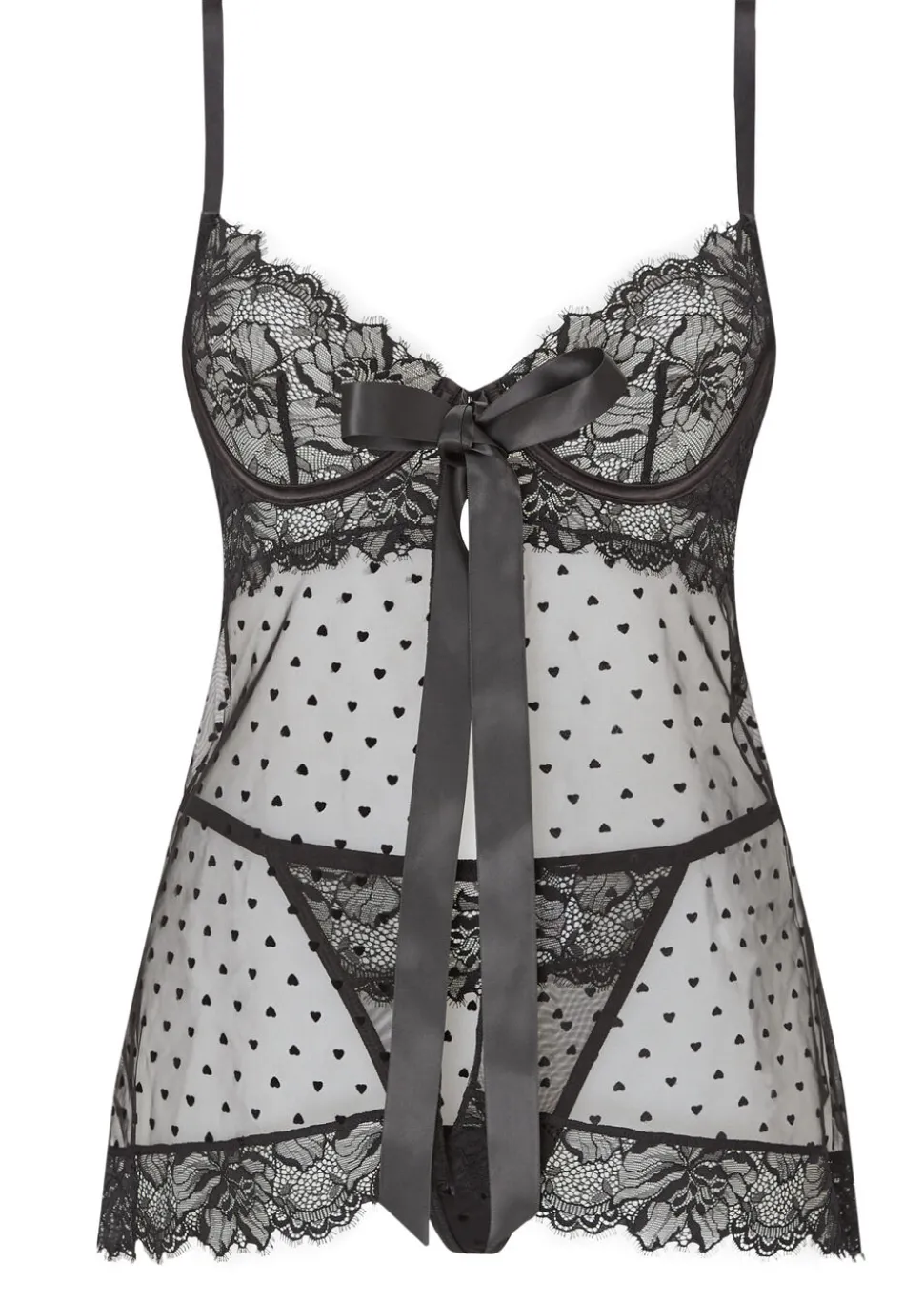 Bon Bon Flocked Heart Babydoll 2 Piece Lingerie Set - Black