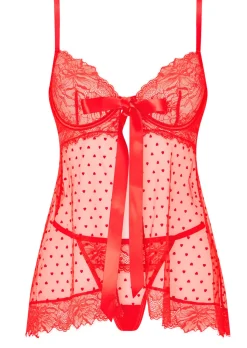 Bon Bon Flocked Heart Babydoll 2 Piece Lingerie Set - Red