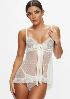 Bon Bon Flocked Heart Babydoll 2 Piece Lingerie Set - Ivory