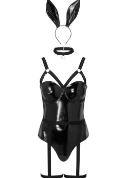 Bondage Bunny 4 Piece PU Costume with Choker & Bunny Ears - Black