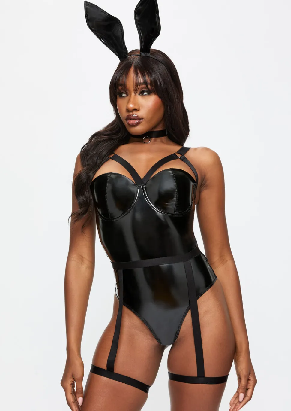 Bondage Bunny 4 Piece PU Costume with Choker & Bunny Ears - Black