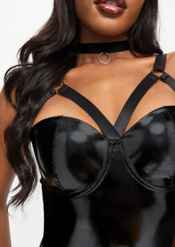 Bondage Bunny 4 Piece PU Costume with Choker & Bunny Ears - Black