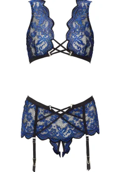 Brooke Crotchless Lace Lingerie 2 Piece Set - Black/Blue
