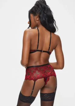 Brooke Lace Crotchless Set - Black/Red