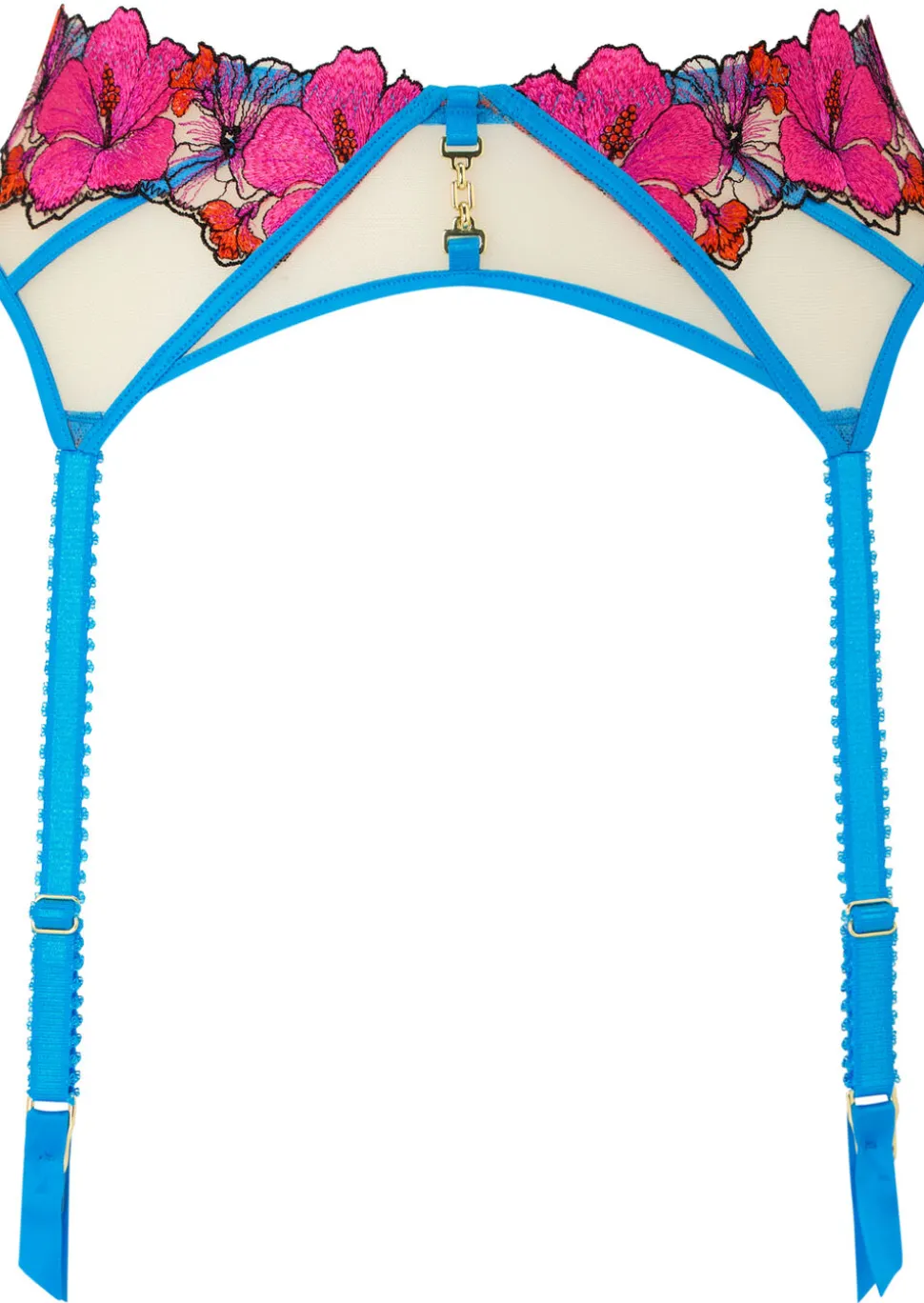 Caged Hibiscus Embroidered Suspender Belt - Turquoise