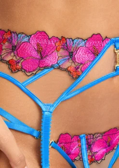 Caged Hibiscus Embroidered Suspender Belt - Turquoise