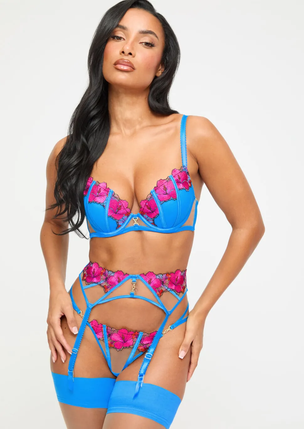 Caged Hibiscus Embroidered Suspender Belt - Turquoise