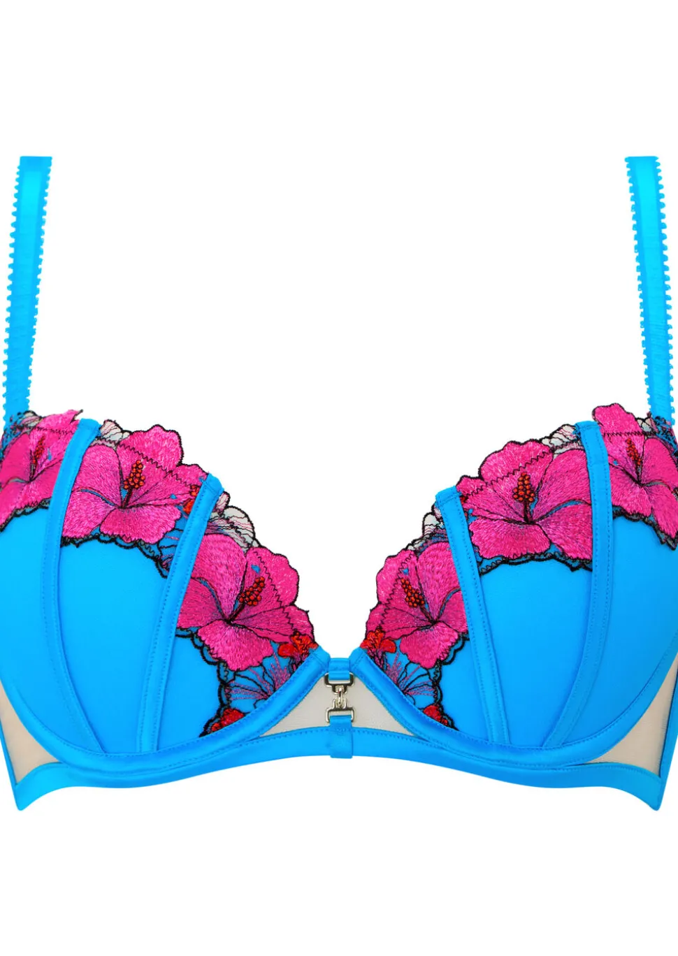 Caged Hibiscus Padded Plunge Bra - Turquoise