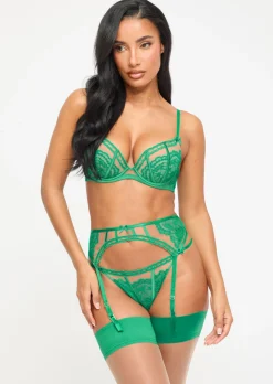 Caged Lace Padded Plunge Bra - Mid Green