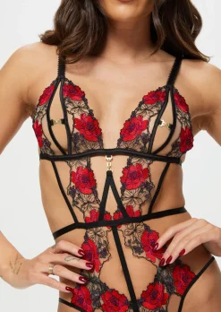 Caged Rose Crotchless Lingerie Body - Black