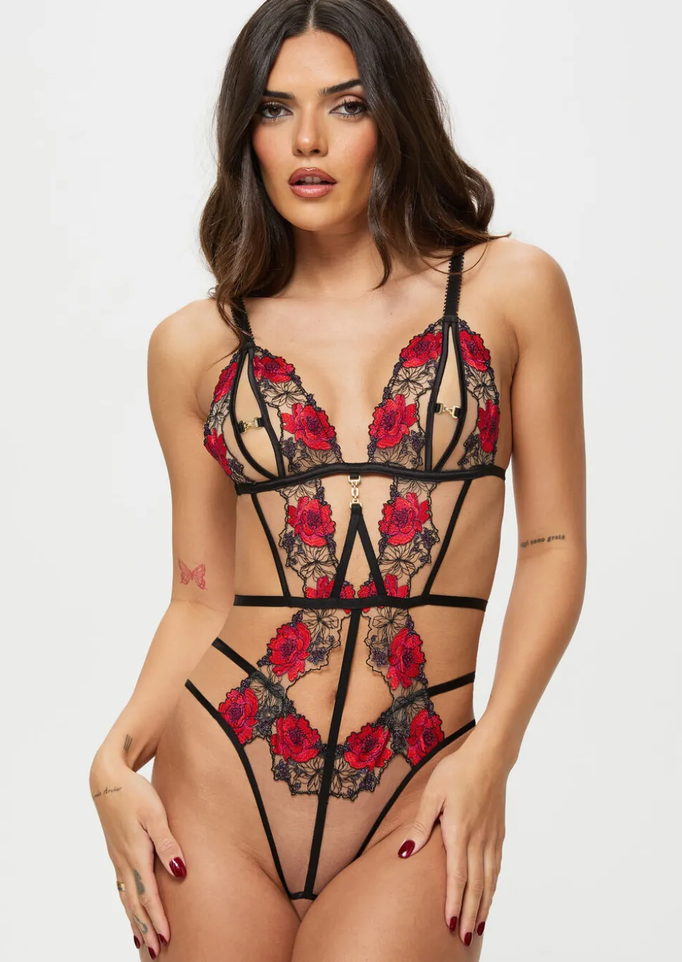 Caged Rose Crotchless Lingerie Body - Black