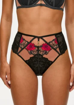 Caged Rose High Waisted Brazilian Knickers - Black/Red