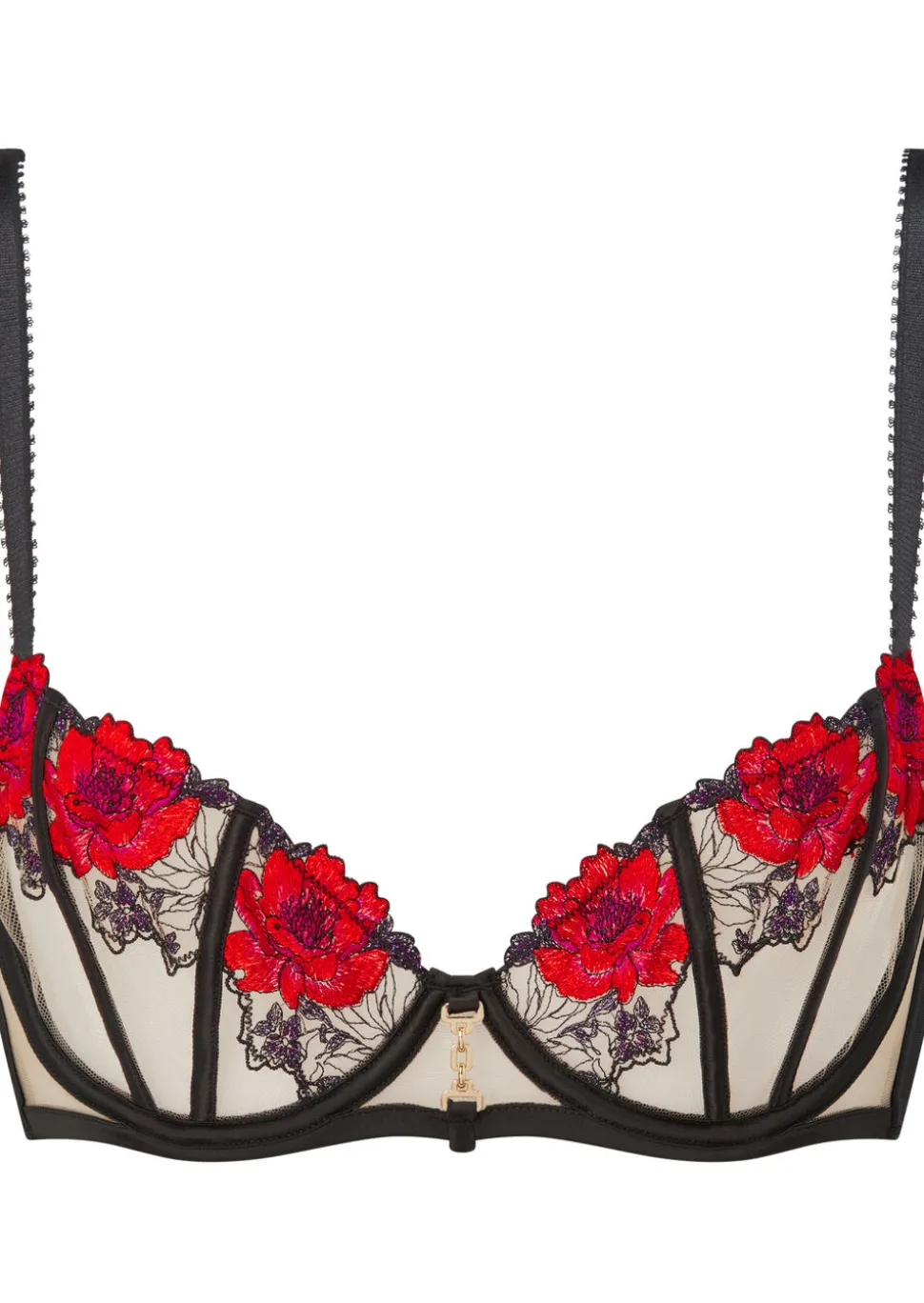 Caged Rose Non Padded Balcony Bra - Black/Red