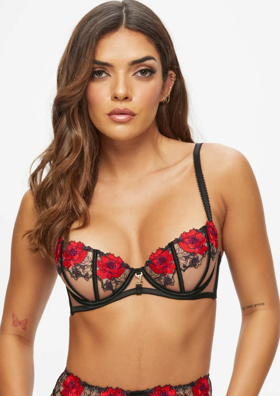 Caged Rose Non Padded Balcony Bra - Black/Red