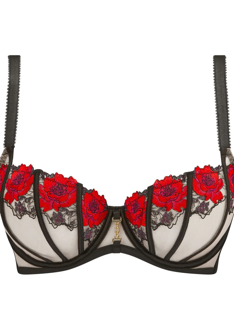 Caged Rose Non Padded Fuller Bust Balcony Bra - Black/Red