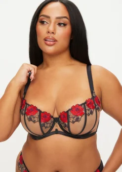 Caged Rose Non Padded Fuller Bust Balcony Bra - Black/Red