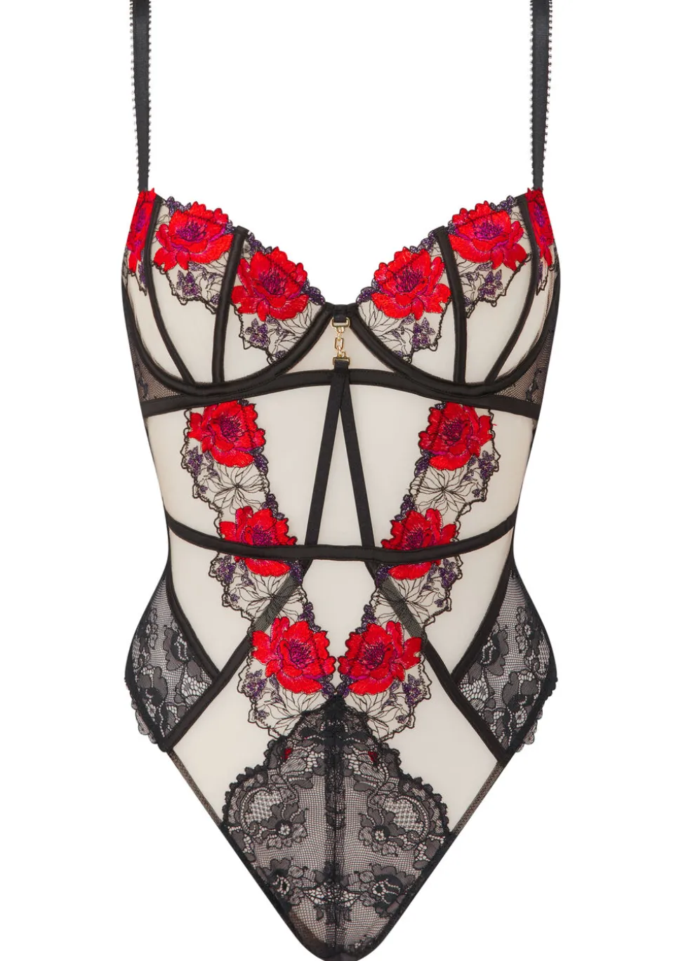 Caged Rose Non Padded Lingerie Body - Black/Red
