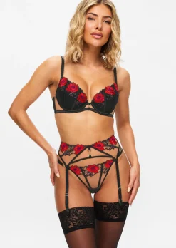 Caged Rose Padded Plunge Bra - Black/Red