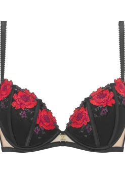 Caged Rose Padded Plunge Bra - Black/Red