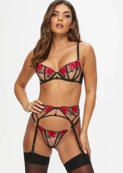 Caged Rose Suspender Belt - Black/Red