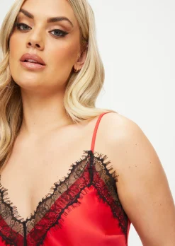 Cerise Satin Lace Cami Top & Shorts Set - Red