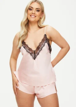 Cerise Satin Lace Cami Top & Shorts Set - Pale Pink