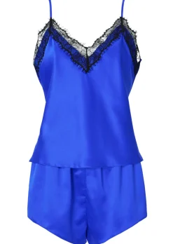 Cerise Satin Lace Trim Cami Top & Shorts Set - Bright Blue