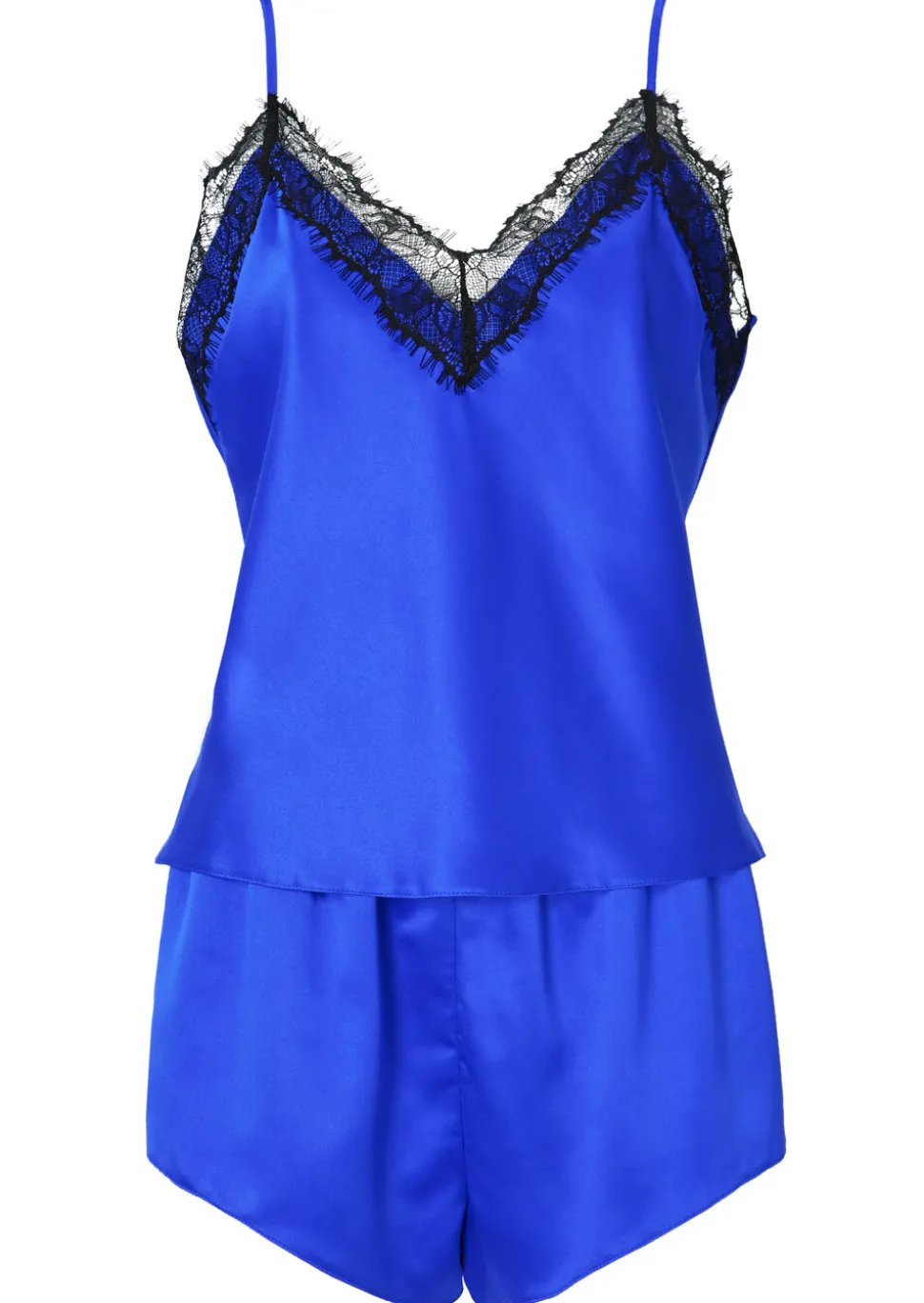 Cerise Satin Lace Trim Cami Top & Shorts Set - Bright Blue
