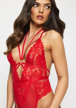 Confession Lace Crotchless Lingerie Body - Bright Red