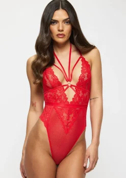 Confession Lace Crotchless Lingerie Body - Bright Red