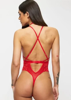 Confession Lace Crotchless Lingerie Body - Bright Red