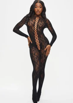 Curiosity Floral Lace Crotchless Bodystocking - Black