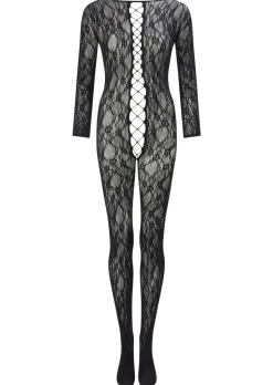 Curiosity Floral Lace Crotchless Bodystocking - Black