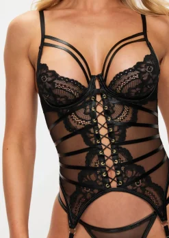 Dark Whispers Lace Crotchless Cami Suspender - Black