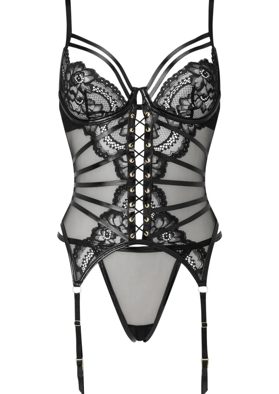 Dark Whispers Lace Crotchless Cami Suspender - Black