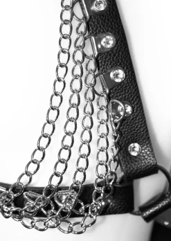 Diamante & Chain Faux Leather Bra Harness - Black