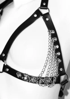 Diamante & Chain Faux Leather Bra Harness - Black