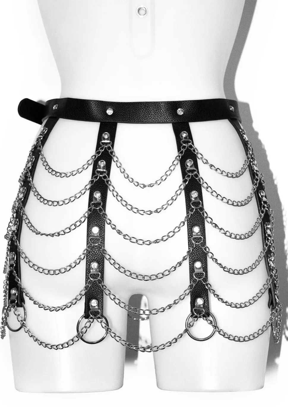 Diamante & Chain Faux Leather Skirt Harness - Black