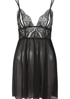 Diamond Heart Lace Peek-a-Boo Chemise Lingerie - Black