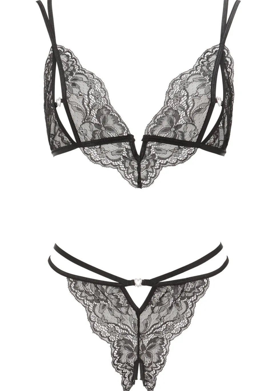 Diamond Heart Lace Peek-a-Boo Crotchless 2 Piece Set - Black