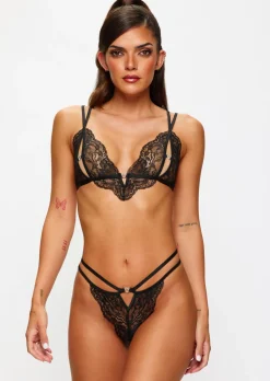 Diamond Heart Lace Peek-a-Boo Crotchless 2 Piece Set - Black