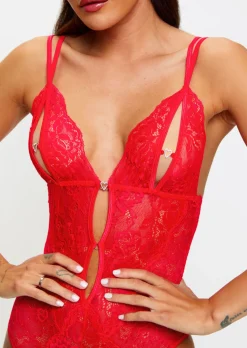 Diamond Heart Lace Peek-a-Boo Crotchless Lingerie Body - Red