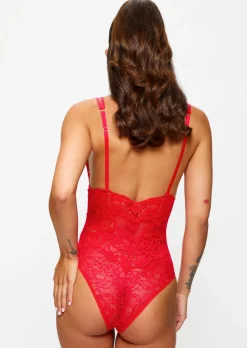 Diamond Heart Lace Peek-a-Boo Crotchless Lingerie Body - Red